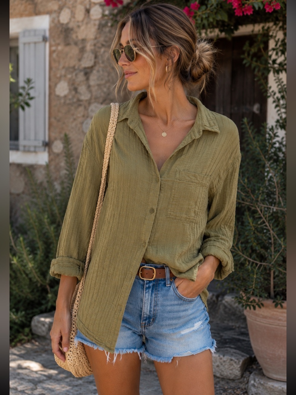 American Eagle Olive Green Gauze Cotton Button Down Shirt XS